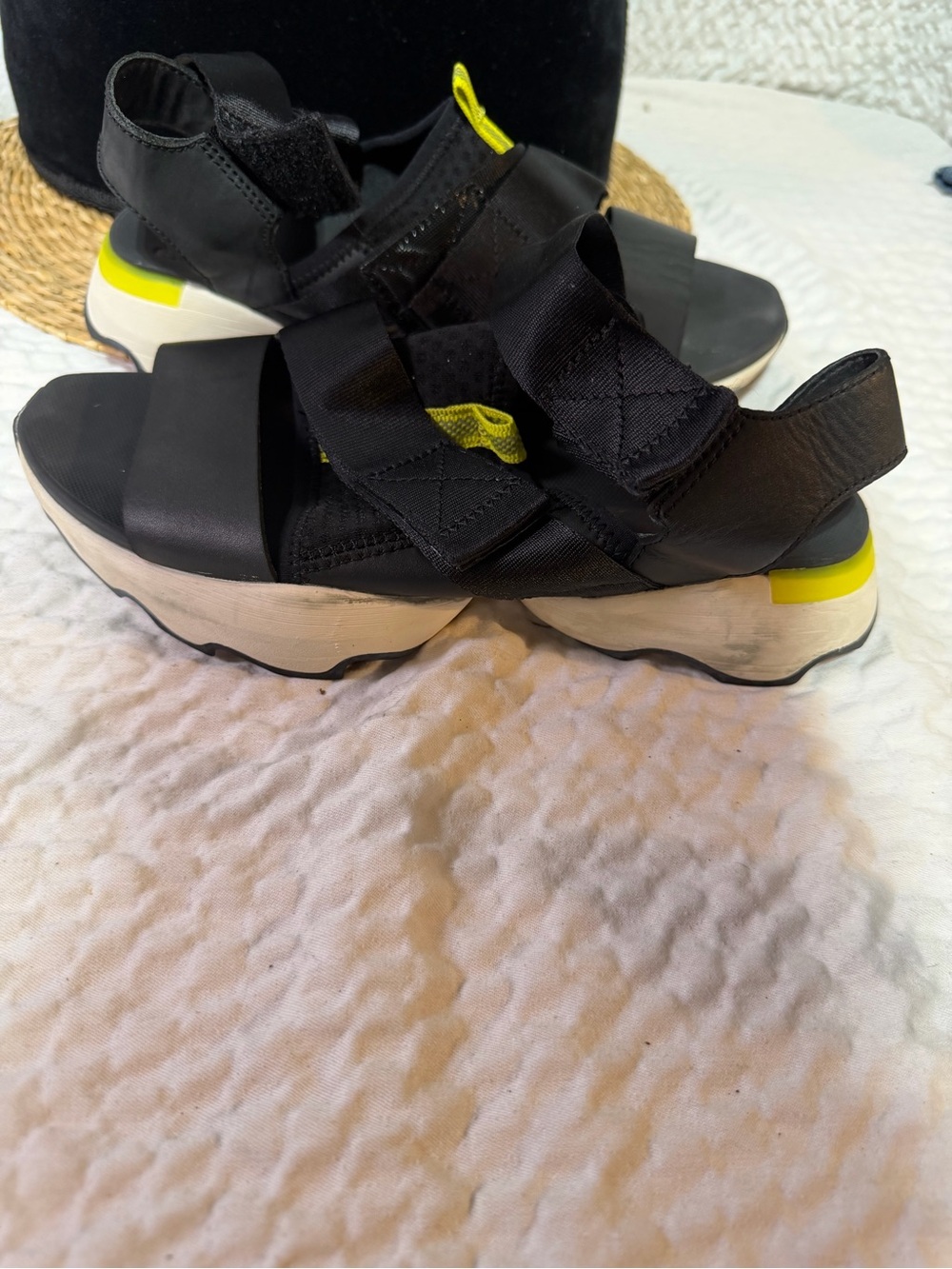 Sorel Black Sandal Platform Sport Sandals with Yellow Accent